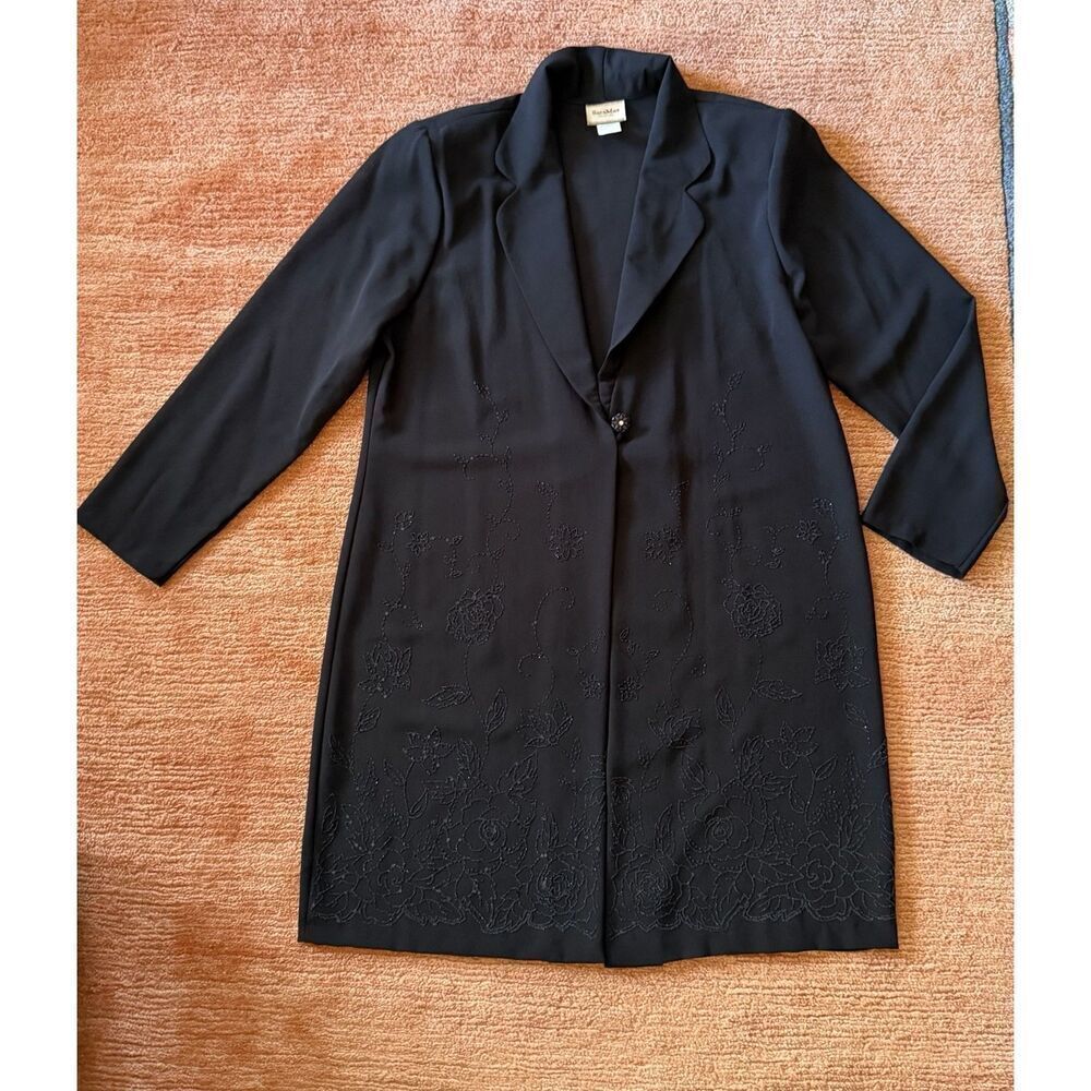 Vintage Sara Max Black Beaded Embroidered Long Blazer Jacket Size L USA